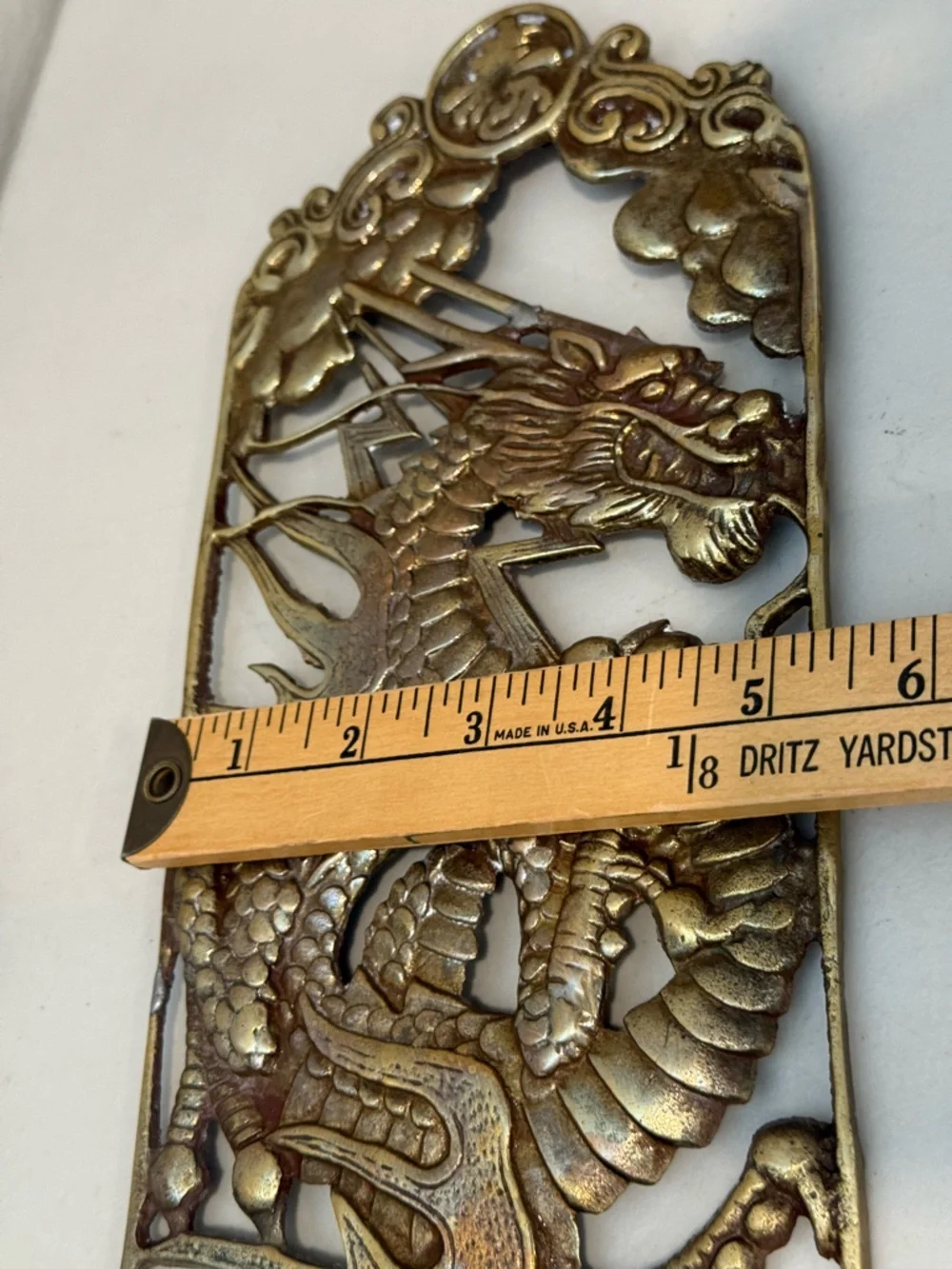 Vintage MCM Asian Brass Metal Dragon Yin-Yang Wall Hanging Plaque Gold Tone 13”H